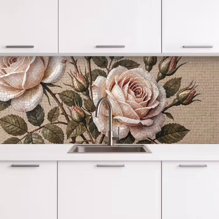 Roos - Mozaïek - Bloemen - Klassiek - Beige keuken achterwand 2 middel -3d