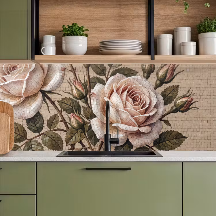 Roos - Mozaïek - Bloemen - Klassiek - Beige keuken achterwand 2 middel -sfeer3