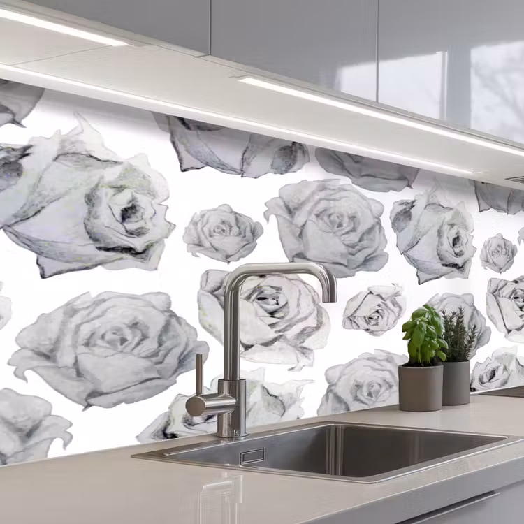 Rozen - Bloem - Zwart Wit - Patroon keuken achterwand 2 middel 871 -3d_schuin