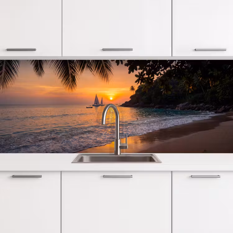 Zee - Zonsondergang - Boot - Natuur - Oranje keuken achterwand 2 middel -3d