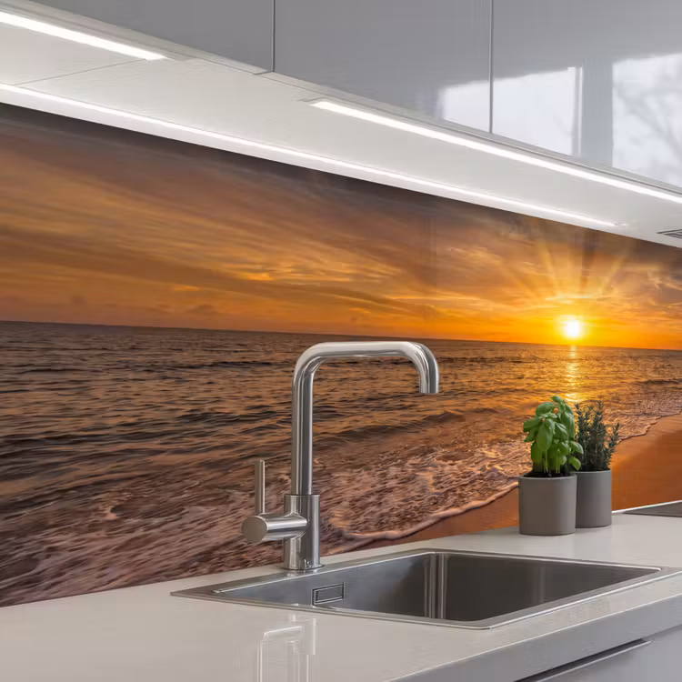 Zee - Zonsondergang - Golven - Kust - Oranje keuken achterwand 2 middel -3d_schuin