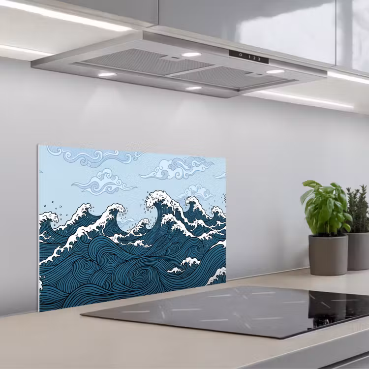 Zee - Golven - Japans - Natuur - Blauw keuken achterwand spatscherm klein -3d_schuin