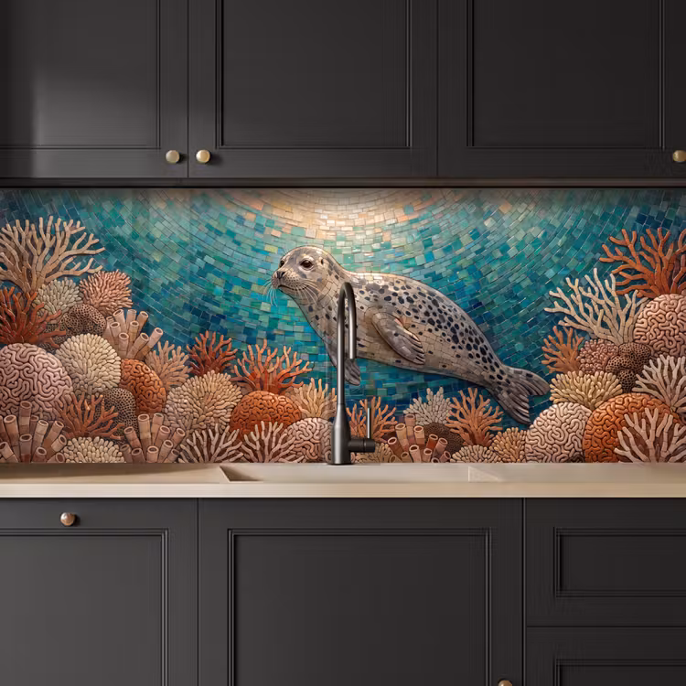 Zeehond - Mozaïek - Onderwater - Dieren - Blauw keuken achterwand 2 middel -sfeer1