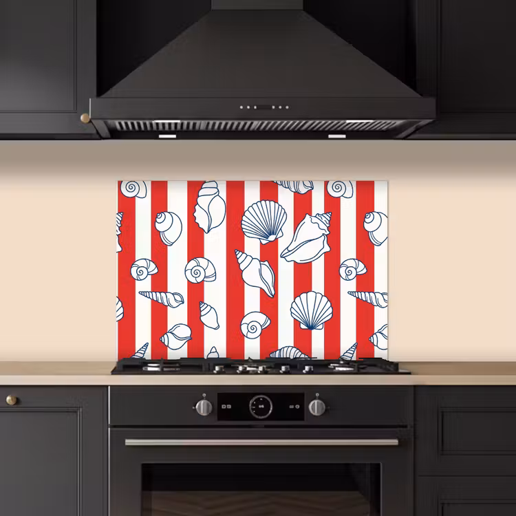 Schelp - Zeedieren - Zomer - Illustratie - Rood - Blauw keuken achterwand spatscherm klein -sfeer1