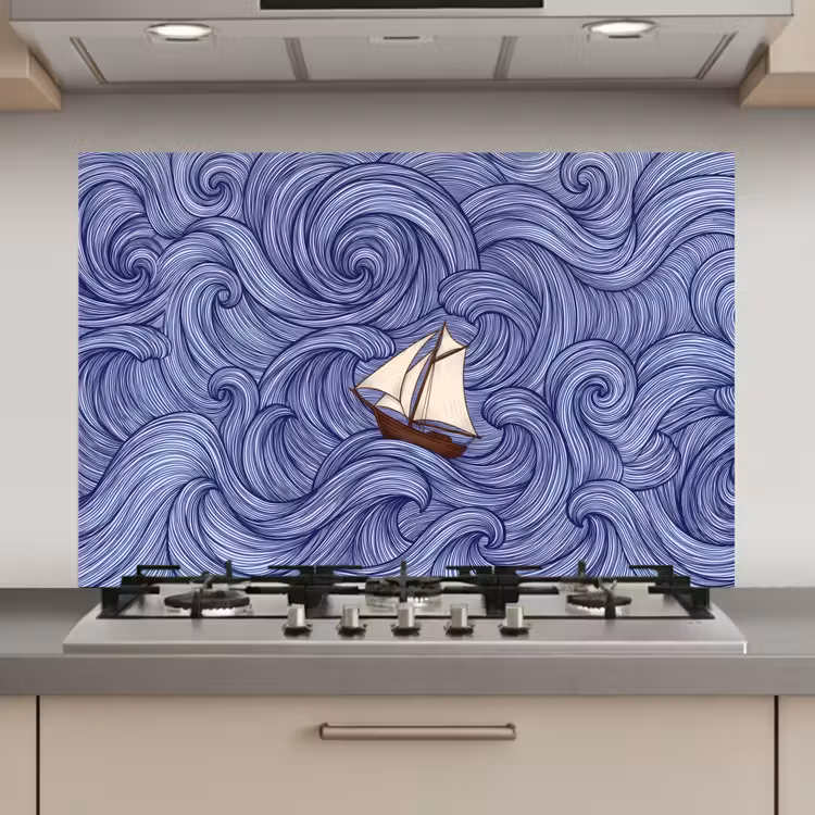 Schip - Golven - Zee - Illustratie - Blauw keuken achterwand spatscherm klein -3d_website