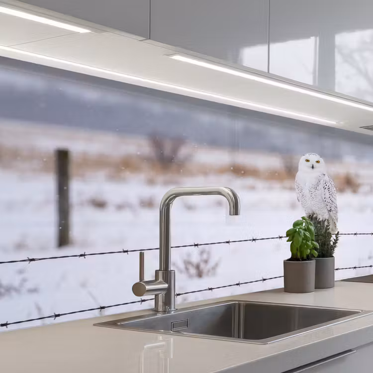 Sneeuwuil - Hek - Sneeuw - Wit keuken achterwand 2 middel -3d_schuin
