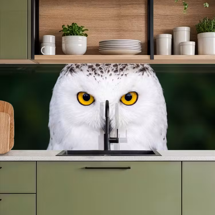 Sneeuwuil - Portret - Geel keuken achterwand 2 middel -sfeer3