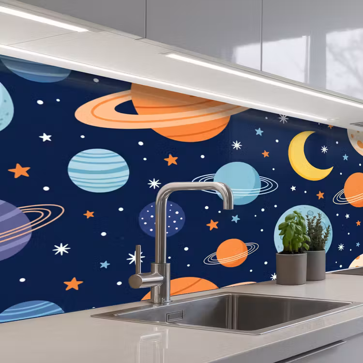 Ruimte - Planeten - Kleurrijk keuken achterwand 2 middel -3d_schuin