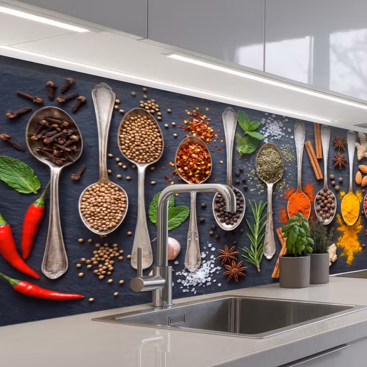 Kruiden - Lepels - Culinair - Kleurrijk - Sfeervol keuken achterwand 2 middel -3d_schuin