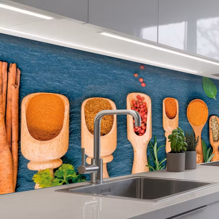 Lepels - Hout - Kruiden - Specerijen keuken achterwand 2 middel -3d_schuin