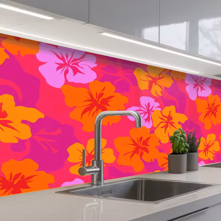 Zomers - Hibiscus - Kleurrijk keuken achterwand 2 middel 871 -3d_schuin