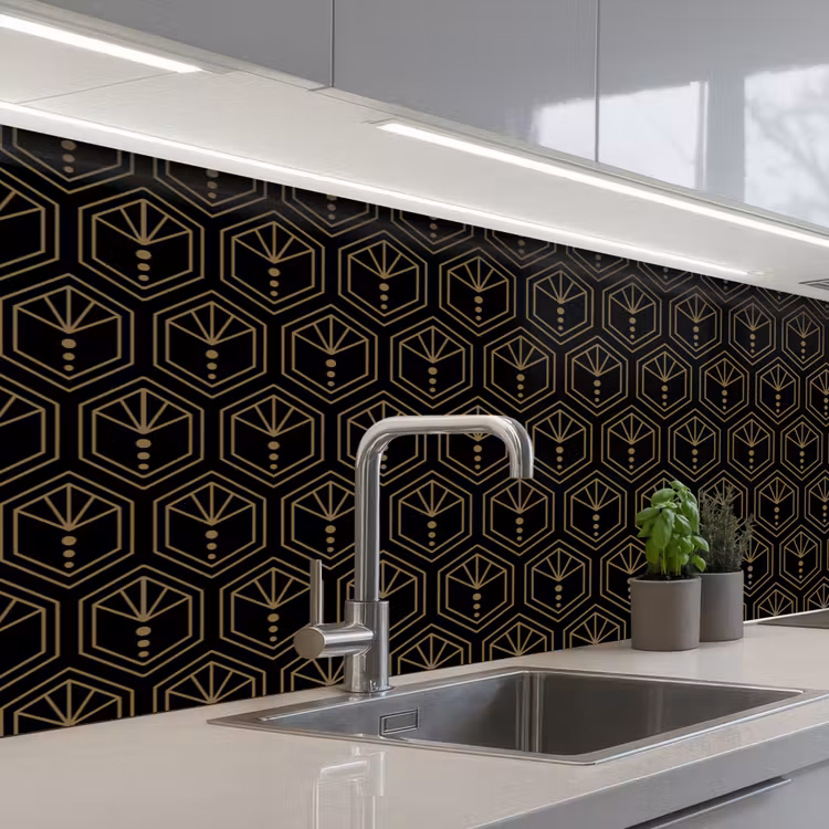 Zonnestraal - Zwart - Goud - Stippen keuken achterwand 2 middel 871 -3d_schuin