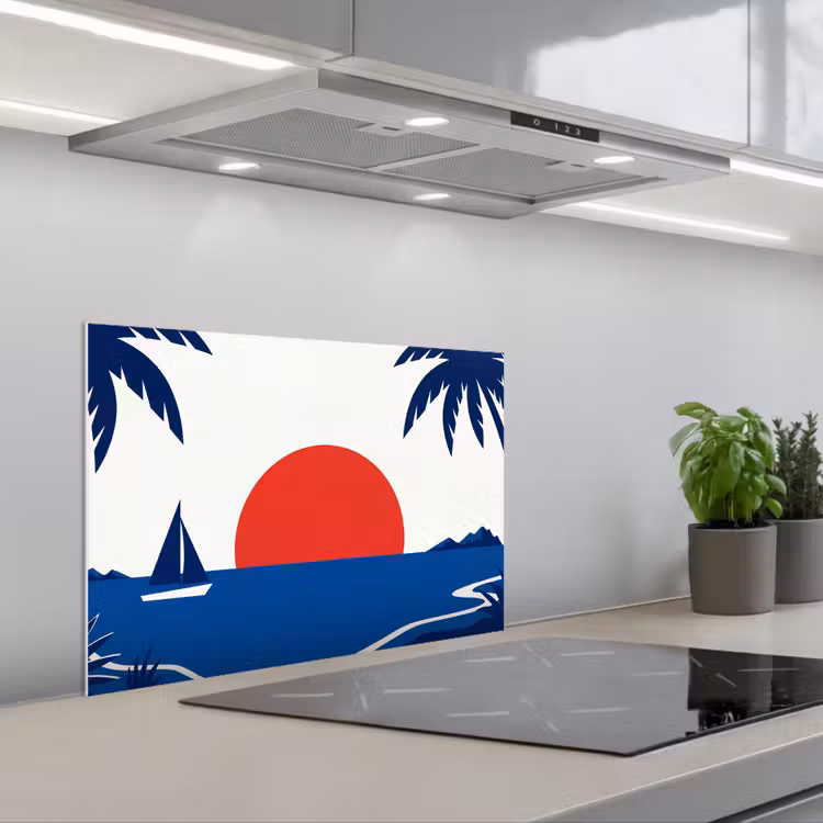 Zonsondergang - Zee - Palmboom - Tropisch - Modern keuken achterwand spatscherm klein -3d_schuin