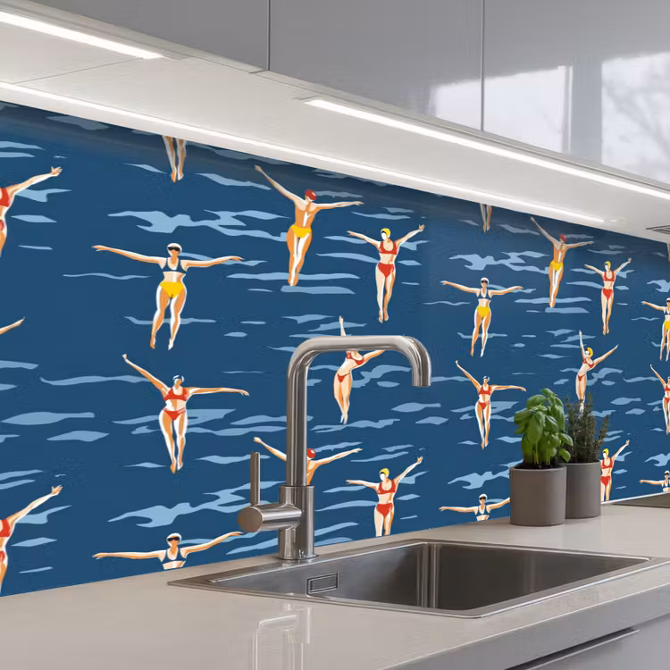 Zwemsters- Retro - Blauw keuken achterwand 2 middel 871 -3d_schuin