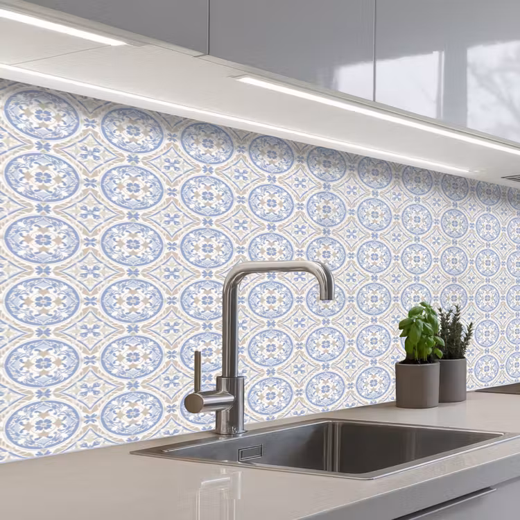 Tegel - Patroon - Beige - Blauw keuken achterwand 2 middel 871 -3d_schuin