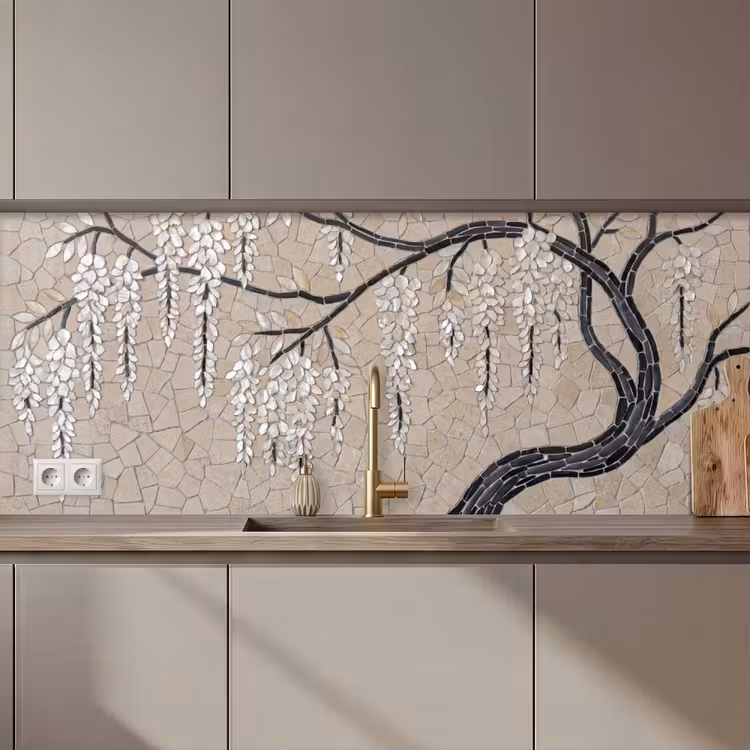 Boom - Bloemen - Mozaïek - Kunst - Wit keuken achterwand 2 middel zz_3dshopping