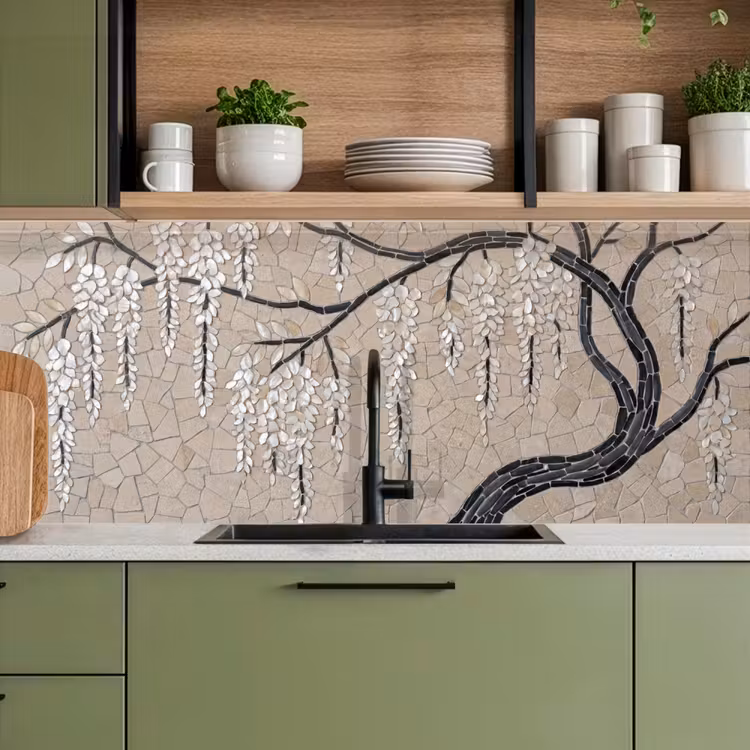 Boom - Bloemen - Mozaïek - Kunst - Wit keuken achterwand 2 middel -sfeer3