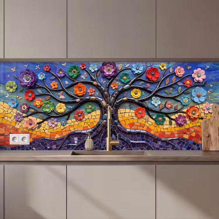 Levensboom - Mozaïek - Bloemen - Kleurrijk - Vrolijk keuken achterwand 2 middel zz_3dshopping