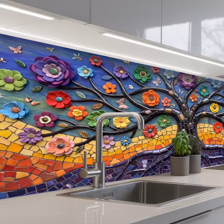 Levensboom - Mozaïek - Bloemen - Kleurrijk - Vrolijk keuken achterwand 2 middel -3d_schuin