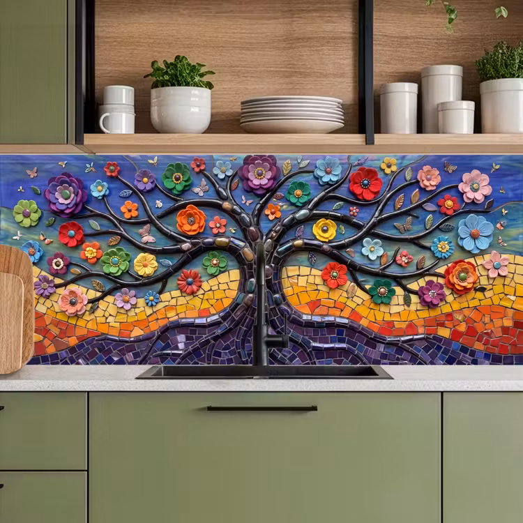 Levensboom - Mozaïek - Bloemen - Kleurrijk - Vrolijk keuken achterwand 2 middel -sfeer3