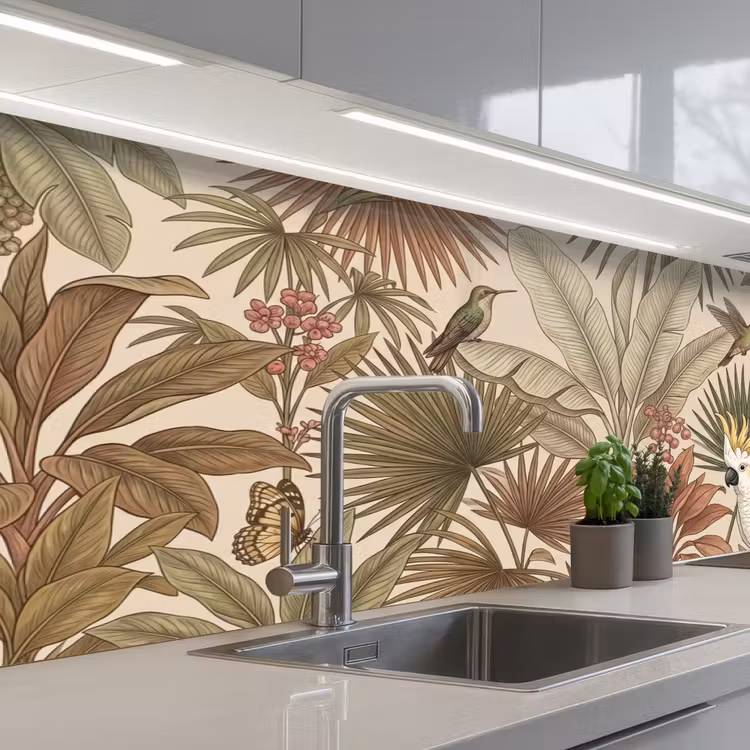 Tropisch - Vogels - Beige keuken achterwand 2 middel -3d_schuin