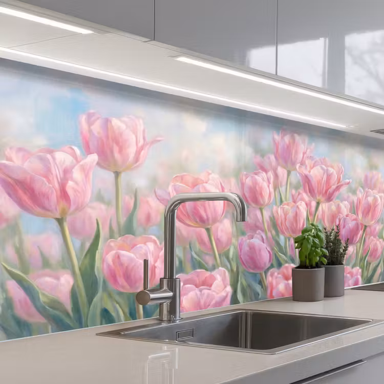 Tulpen - Veld - Lente - Roze keuken achterwand 2 middel -3d_schuin