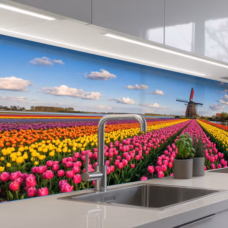 Tulpen - Holland - Molen - Kleurrijk keuken achterwand 2 middel -3d_schuin