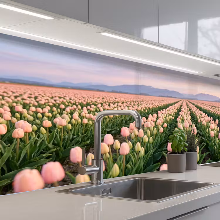Tulpen - Landschap - Roze keuken achterwand 2 middel -3d_schuin