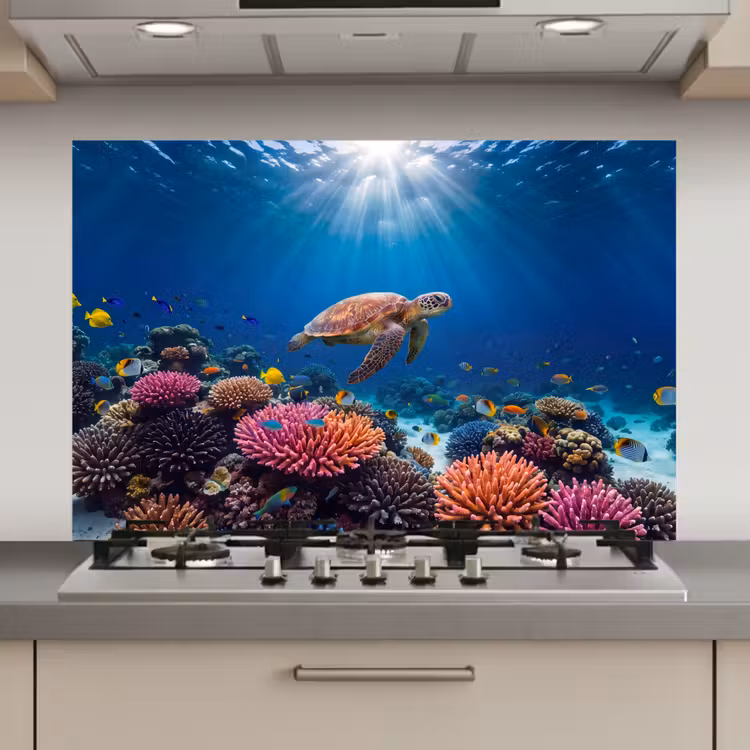 Schildpad - Koraalrif - Oceaan - Dieren - Blauw keuken achterwand spatscherm klein -3d_website
