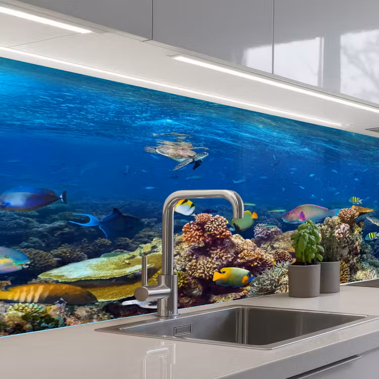 Onderwaterlandschap - Vissen - Schildpad - Blauw keuken achterwand 2 middel -3d_schuin