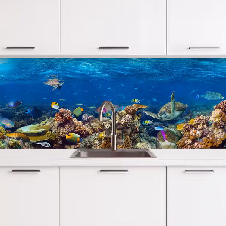 Onderwaterlandschap - Vissen - Schildpad - Blauw keuken achterwand 2 middel -3d