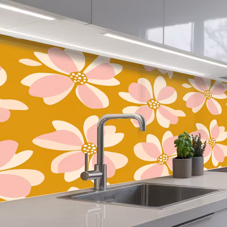 Vintage - Bloemen - Okergeel keuken achterwand 2 middel 871 -3d_schuin