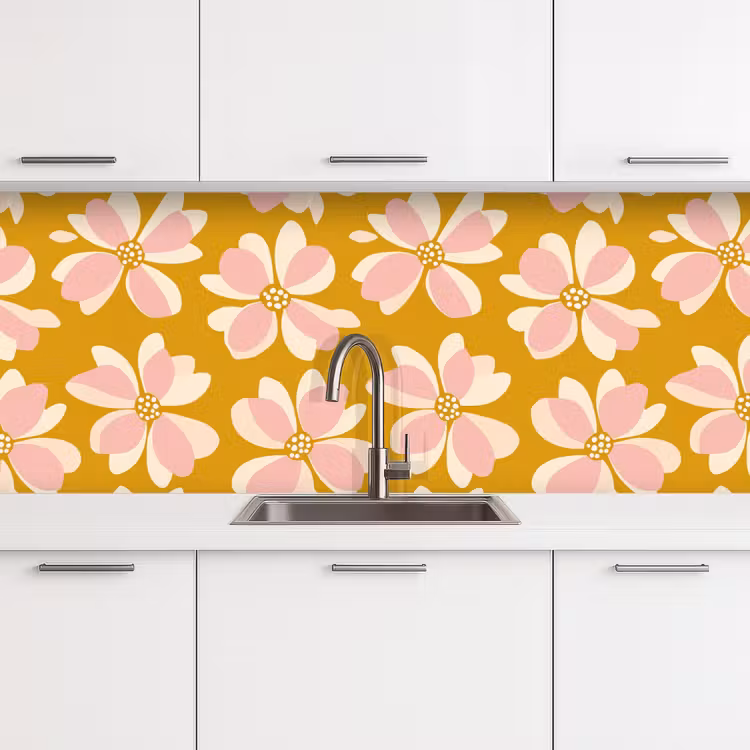 Vintage - Bloemen - Okergeel keuken achterwand 2 middel 871 -3d