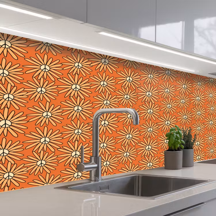 Vintage - Patronen - Bloemen - Oranje keuken achterwand 2 middel 871 -3d_schuin