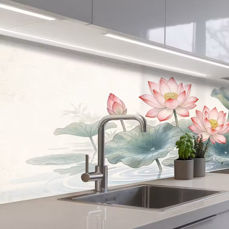Aquarel - Lotusbloemen - Kleurrijk keuken achterwand 2 middel -3d_schuin