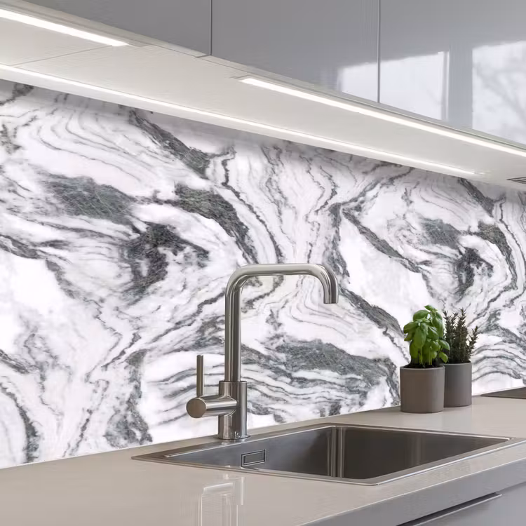 Wit - Marmer - Golvend - Grafiet keuken achterwand 2 middel 871 -3d_schuin