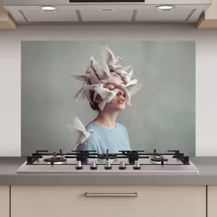 Vrouw - Vogels - Abstract - Modern - Wit keuken achterwand spatscherm klein -3d_website
