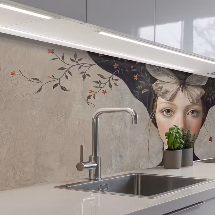 Woman - Butterfly - Art - Classic - Muted keuken achterwand 2 middel -3d_schuin
