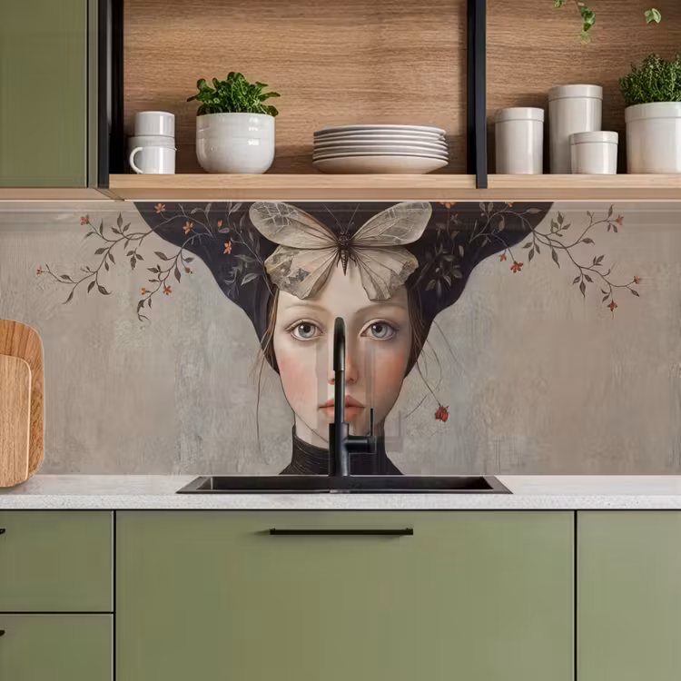 Woman - Butterfly - Art - Classic - Muted keuken achterwand 2 middel -sfeer3