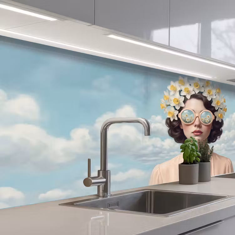 Vrouw - Narcissen - Geel keuken achterwand 2 middel -3d_schuin