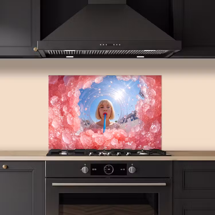 Vrouw - Drank - Zomer - Roze - Blauw keuken achterwand spatscherm klein -sfeer1