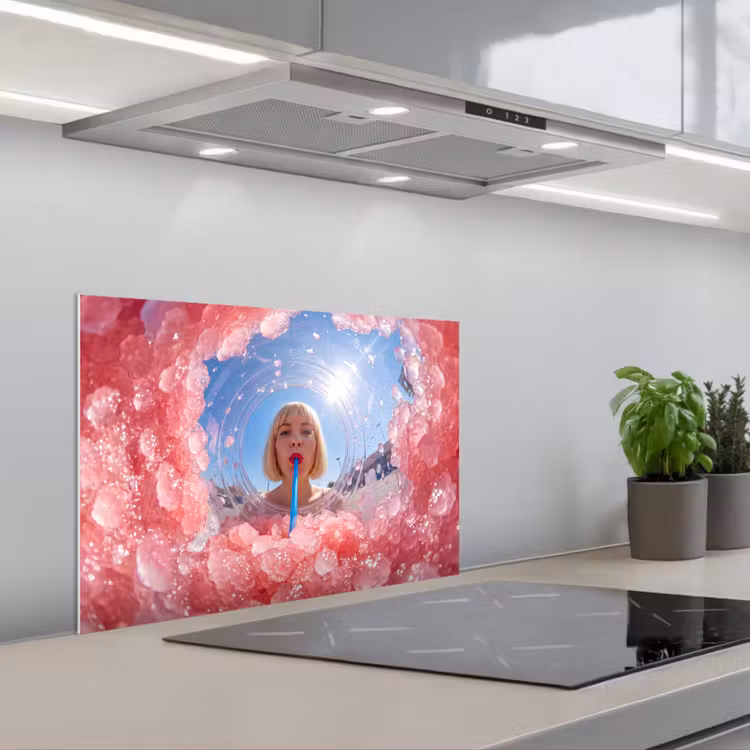 Vrouw - Drank - Zomer - Roze - Blauw keuken achterwand spatscherm klein -3d_schuin