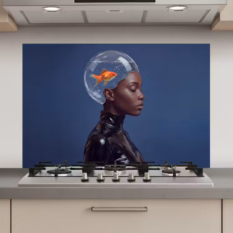Vrouw - Goudvis - Hoofd - Abstract - Blauw keuken achterwand spatscherm klein -3d_website