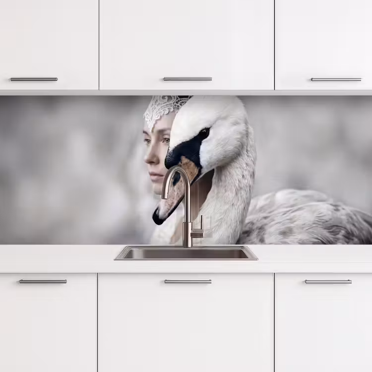 Vrouw - Zwaan - Wit keuken achterwand 2 middel -3d