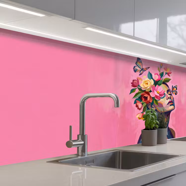 Vrouwengezicht - Vlinders - Kleurrijk keuken achterwand 2 middel -3d_schuin