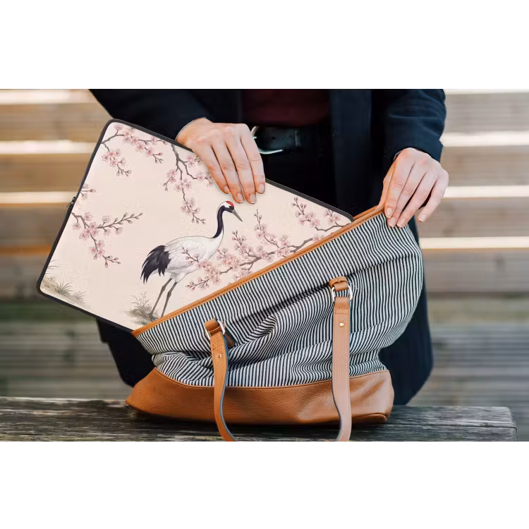 Aziatisch - Kraanvogel - Beige laptophoes neopreen klein -tas