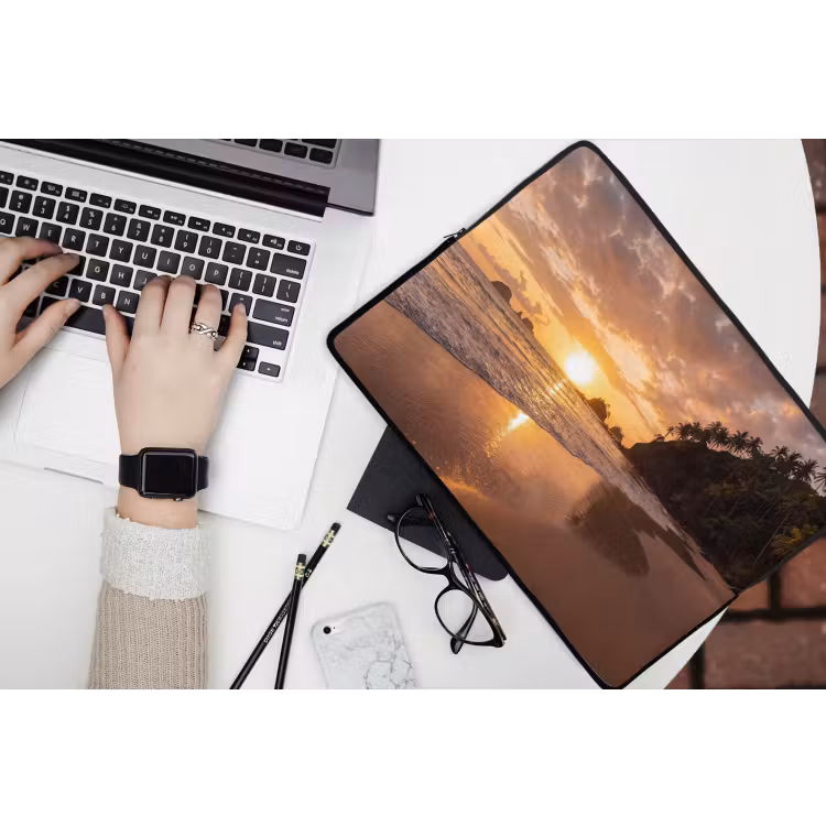 Strand - Zonsondergang - Natuur - Tropisch - Oranje laptophoes neopreen klein -bureau