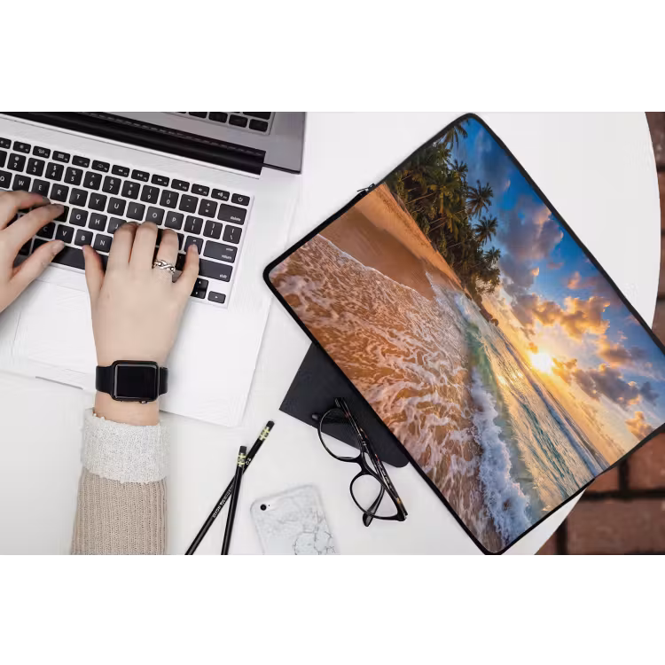 Strand - Zonsondergang - Golven - Natuur - Goud laptophoes neopreen klein -bureau