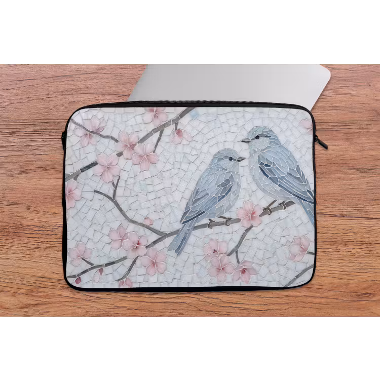 Vogel - Bloemen - Natuur - Mozaïek - Roze laptophoes neopreen klein -tafel