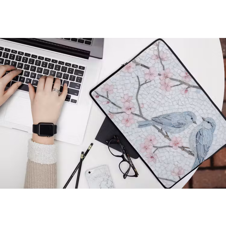 Vogel - Bloemen - Natuur - Mozaïek - Roze laptophoes neopreen klein -bureau